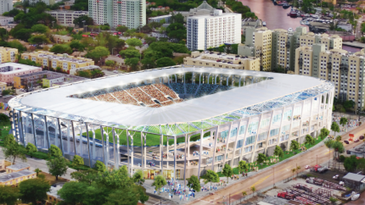 Boceto del estadio de fútbol propuesto por David Beckham y que debe construirse en Overtown.