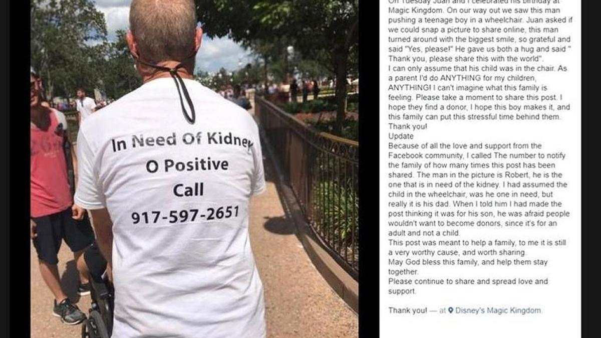 La foto que Rocío Sandoval compartió en Facebook de un hombre de Nueva Jersey que necesitaba un trasplante de riñón, tomada en Disney World, en Orlando, se hizo viral. Un hombre de Indiana vio el mensaje y le donó un riñón al hombre.