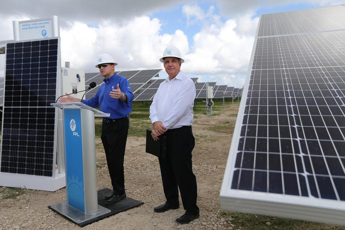 On Thursday, October 18, 2018 FPL President Eric Silagy gives his remarks after touring the solar center with Mayor Carlos Gimenez, right.