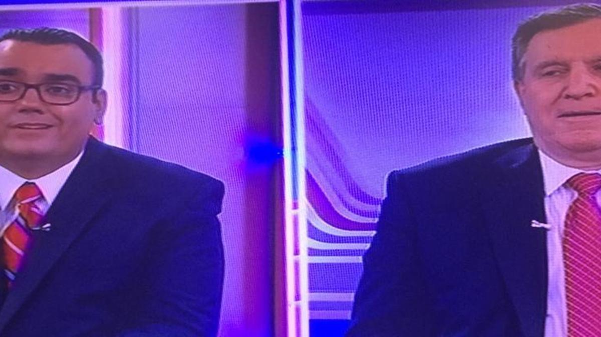 Alfonso “Alfie” León (izq) y Joe Carollo, candidatos a comisionado por el Distrito 3 de Miami, durante un debate transmitido el miércoles 15 de noviembre del 2017 por el canal América TeVe.