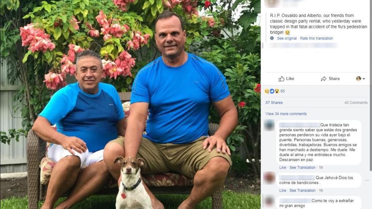 Una amiga identificó a Alberto Arias y Ozzy González entre los fallecidos en colapso de puente de FIU en Miami.