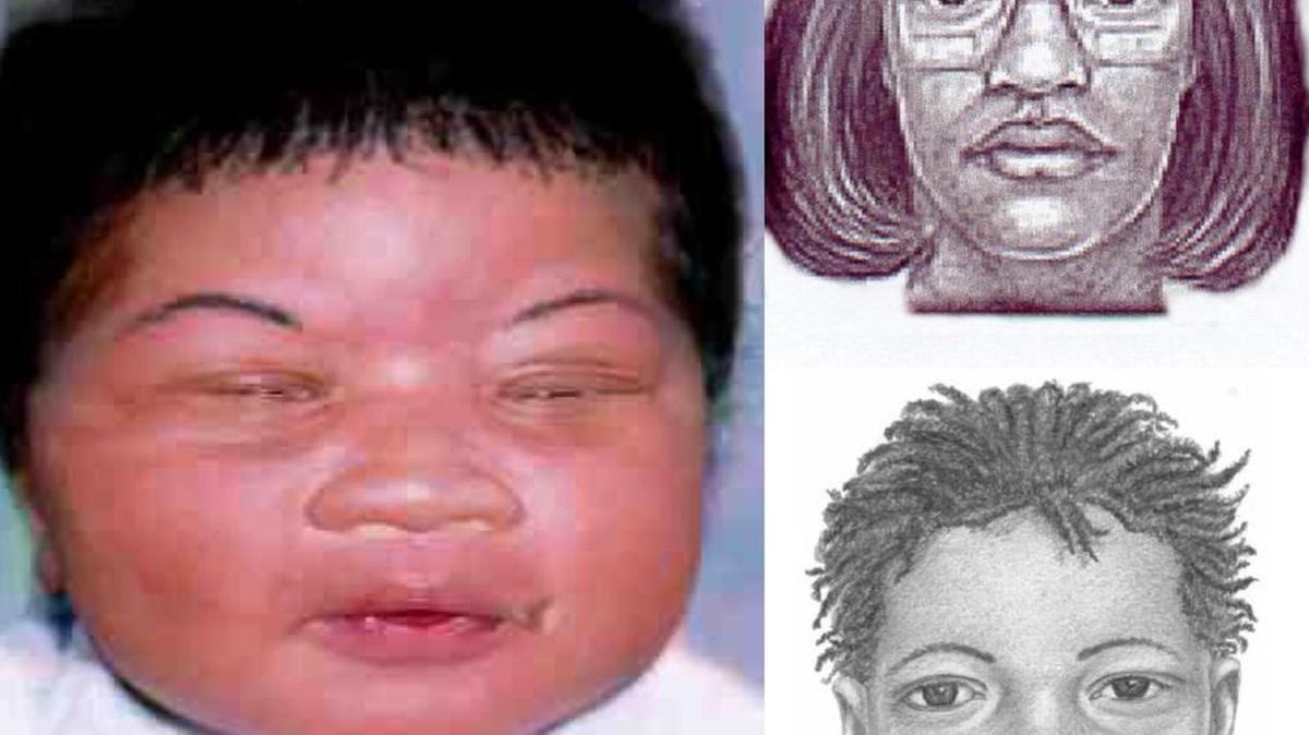 Dibujos hechos en el momento de la desaparición de la bebé Kamiyah Mobley (izquierda) y de los secuestrados (derecha).