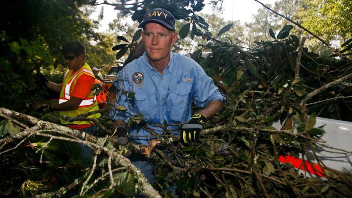El gobernador de Florida, Rick Scott, ayuda a recoger ramas de árboles derribadas por el huracán Hermine en Indian Head, Tallahassee.