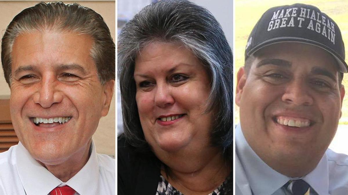 Carlos Hernández, actual alcalde de Hialeah (izq.) y sus contricantes: Tania García y Juan Santana.