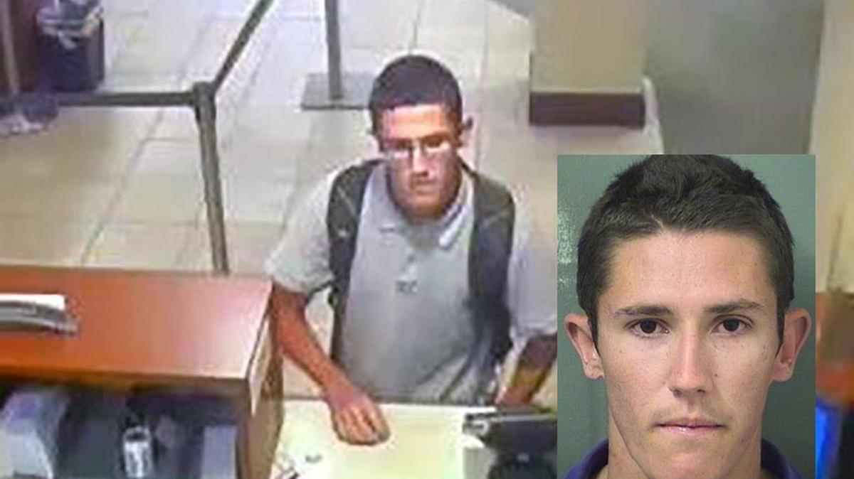 Austin Puppo, de 18 años, fue grabado por una cámara de vigilancia durante un robo en el banco Wells Fargo. En el recuadro, su foto después de ser arrestado.