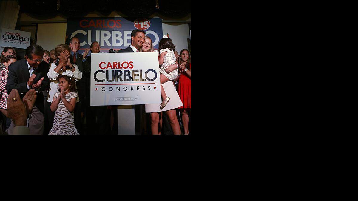 
Carlos Curbelo, junto a su esposa Cecilia y su hija Carolina al momento de anunciar su victoria.


