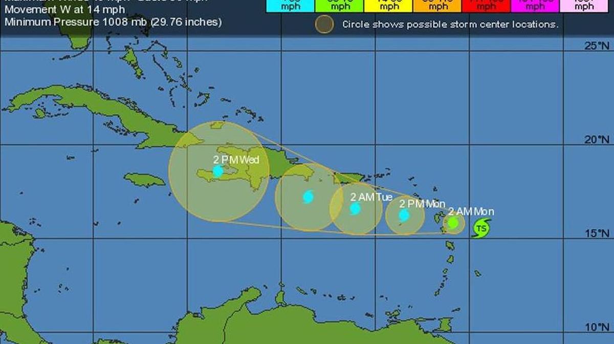 
En el mapa se muestra la trayectoria de la tormenta tropical Danny y que aún tiene vientos sostenidos de 40 millas por hora. 
