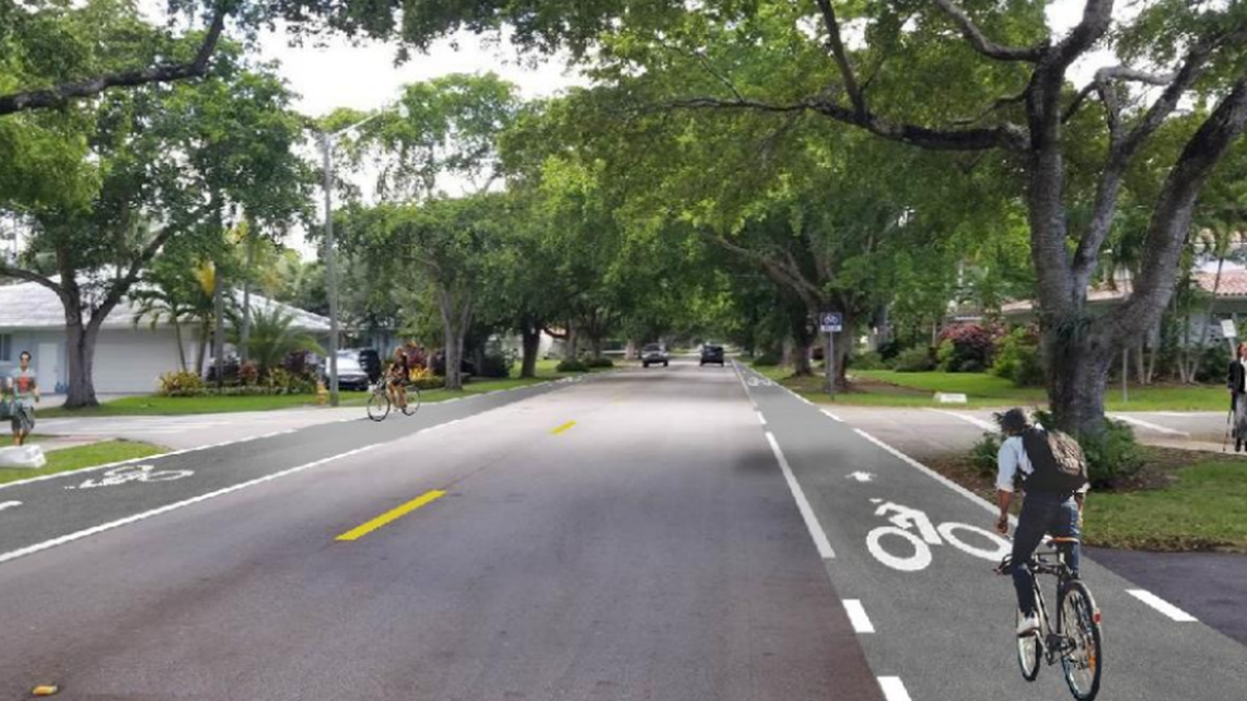 A rendering shows a proposal for new bike lanes on Alhambra Circle in Coral Gables.