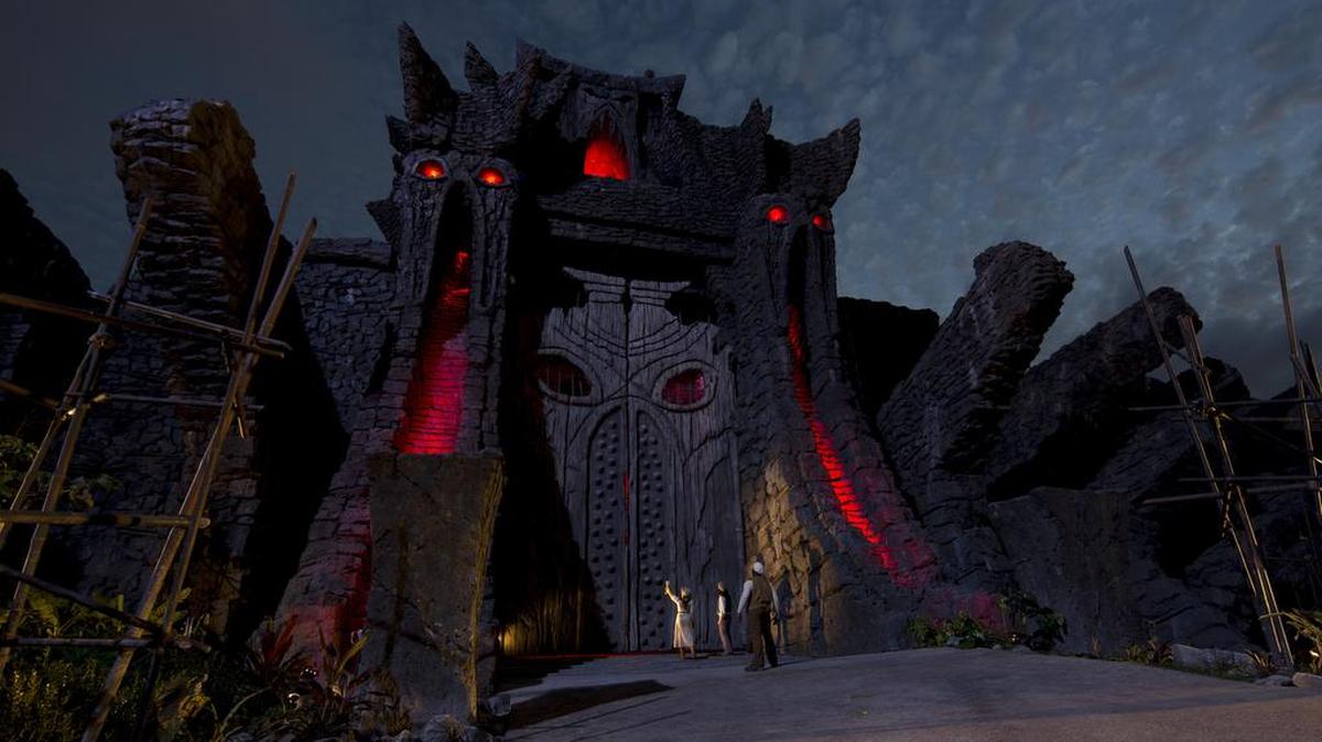 Fotografía cedida de un dibujo creativo del Gran Muro que permitirá la entrada a la atracción "Skull Island: Reign of Kong" dedicada a la figura de King Kong que el parque de atracciones Universal Orlando inaugurará este verano en Islands of Adventure en Orlando, Florida.