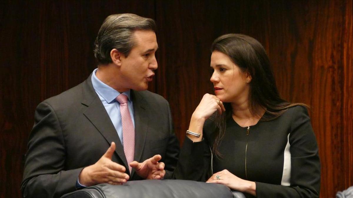 Los senadores René García y Anitere Flores conversan en el Senado estatal el pasado 9 de marzo.