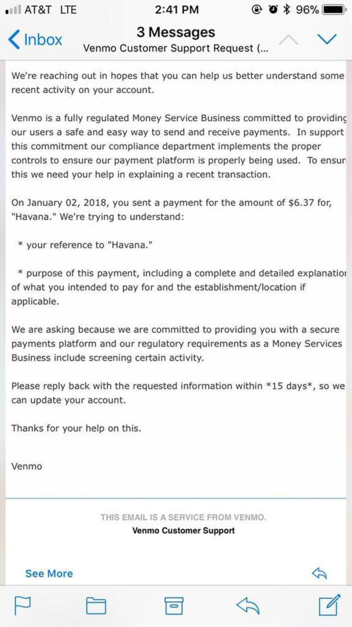 Notificación de Venmo recibida por una cliente tras ordenar un sándwich cubano. Se le pide que explique su referencia a “La Habana”, el propósito de ese pago y una explicación detallada de qué era lo que iba a pagar y en qué lugar lo iba a hacer.