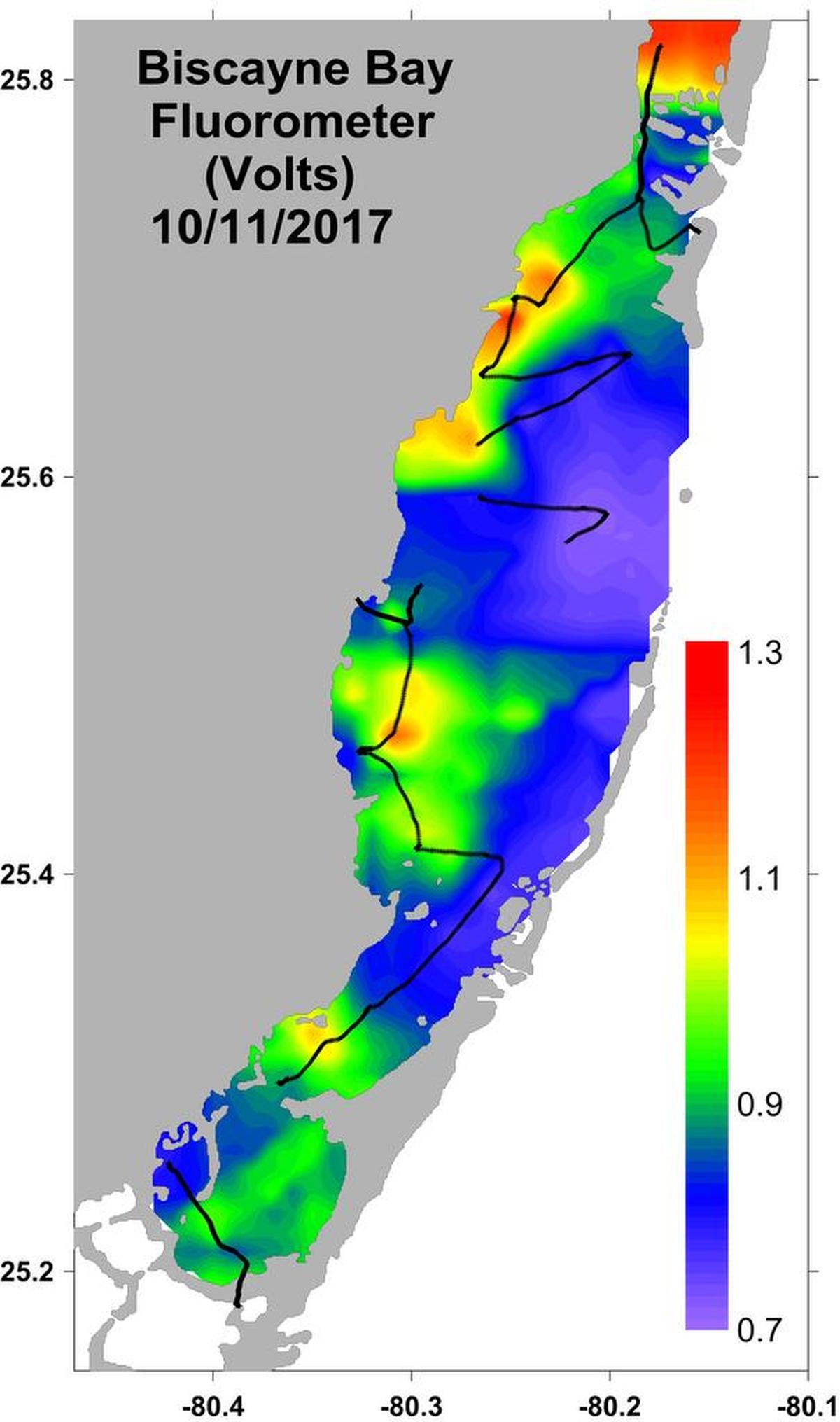 Los científicos que estudian Biscayne Bay después del huracán Irma han encontrado clorofila, los pigmentos verdes que se encuentran en las algas, al doble de sus niveles normales en el extremo norte de la bahía y áreas a lo largo de la costa, lo que genera preocupación por posibles florecimientos. El rango normal se encuentra entre 0.7 y 0.9 partes por mil millones.