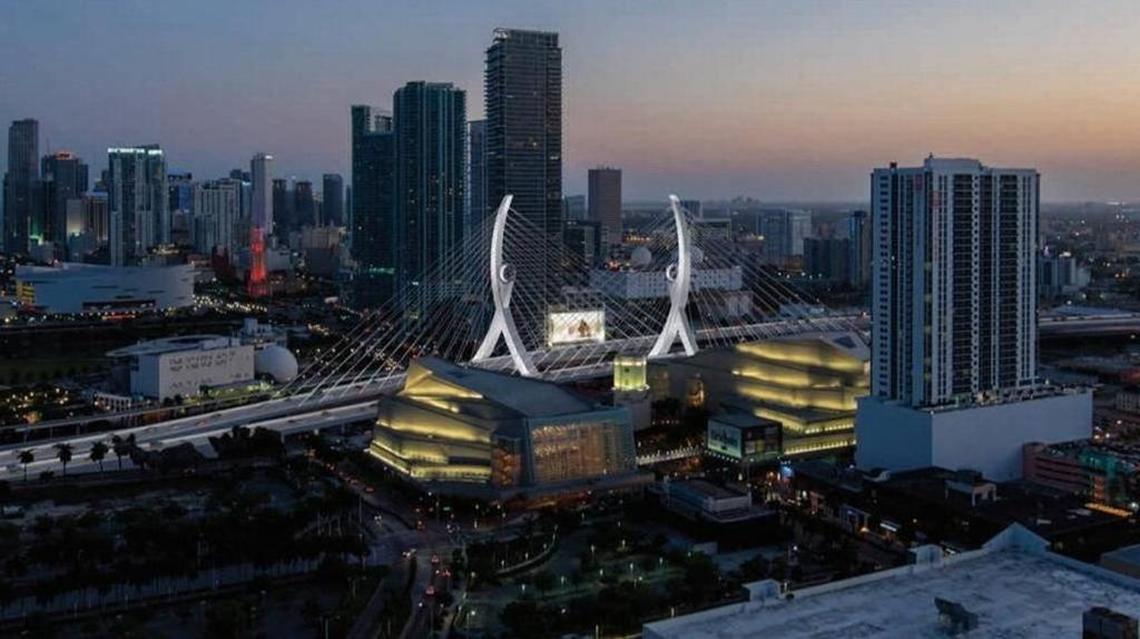 This design by the MCM group for a “signature bridge” on I-395 over Biscayne Boulevard that would have been suspended from pylons that resemble dancers was not selected by FDOT, although it was favored by a local panel.