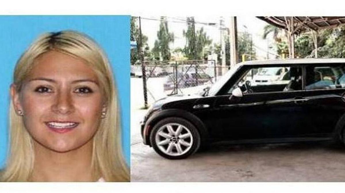 Michelle Aranda y su vehículo Mini Cooper que sigue desaparecido.