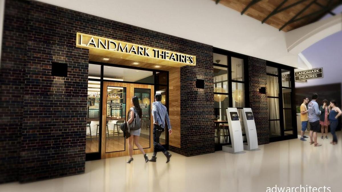Un dibujo, basado en el diseño arquitectónico, de de lo que sería la entrada a las salas de cine Landmark en Merrick Park.