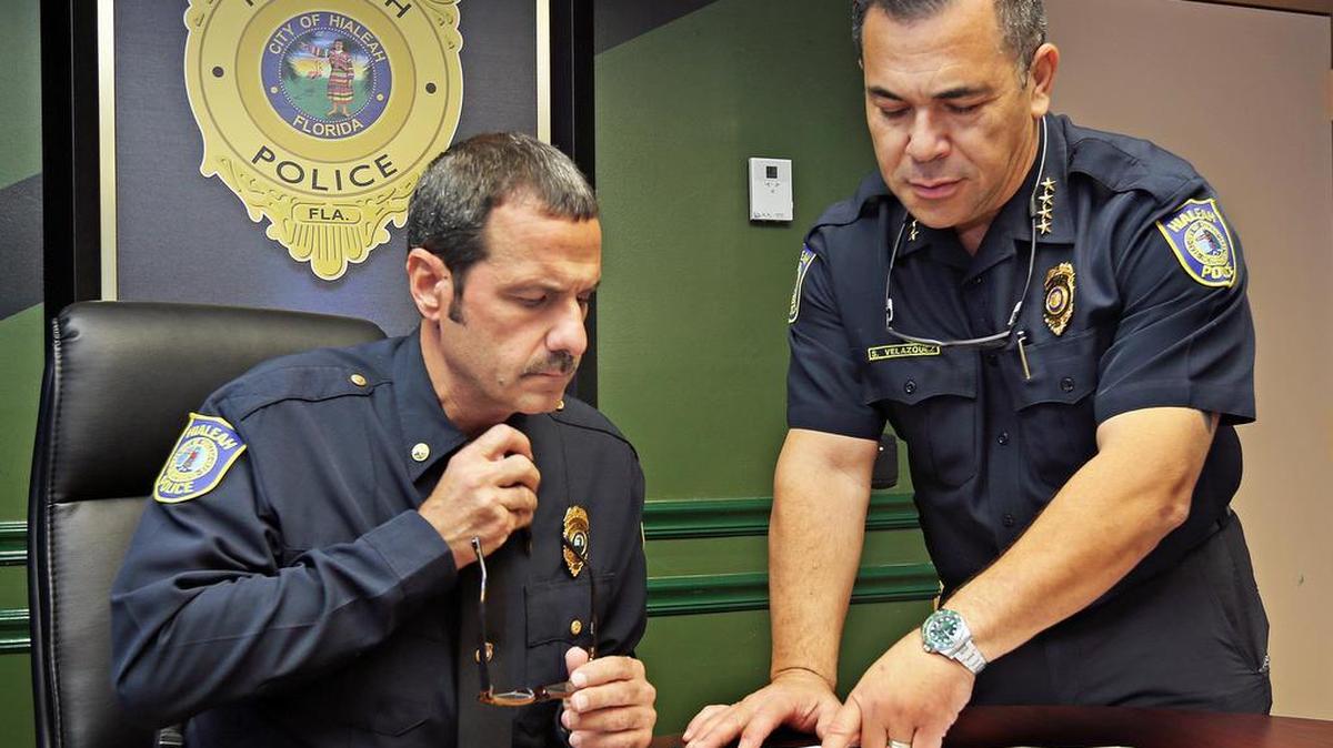 Hialeah Police Chief Sergio Velasquez, right, said last week his department would join a growing list of police agencies around the country to elminate a controversial neck restraint technique in the wake of George Floyd’s death three weeks ago.