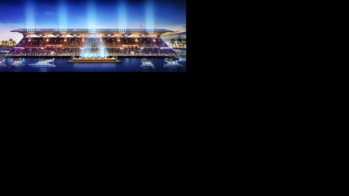 
Un boceto arquitectónico de Hilario Candela, da idea de como luciría el Marine Stadium luego de su recuperacion. Key Biscayne demanda a Miami por recuperarlo para uso comercial.
