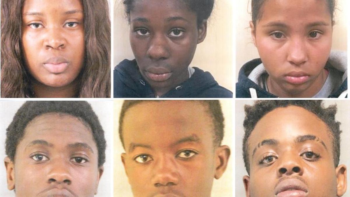 Los seis adolescentes detenidos: (arriba, de derecha a izquierda) Jada McMillan, Aaliyah Warner, Zabrina Lisowsky, (abajo, de derecha a izquierda) Rahkem James, Jeremiah Brunson y James Pierre.