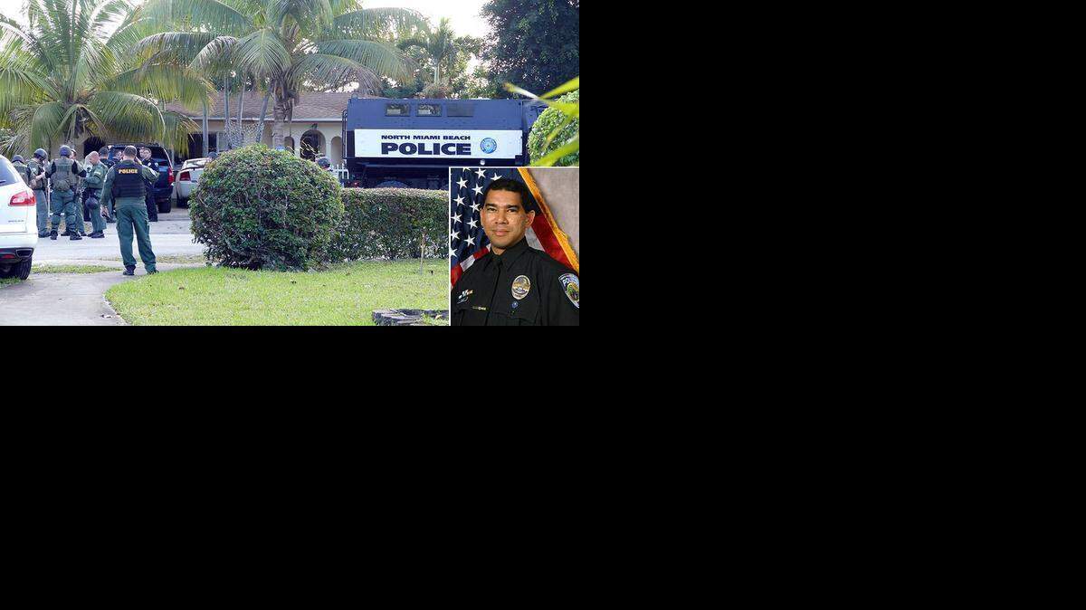 
Lino Díaz, abajo a la derecha, es el oficial de North Miami Beach, que fue herido el viernes al ir a entregar una orden.
