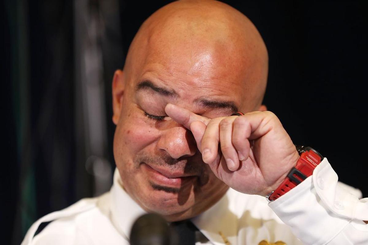 Coral Springs Fire Department Lt. Laz Ojeda becomes emotional as he discusses rendering aid to Maddy Wilford, a Marjory Stoneman Douglas student shot multiple times.