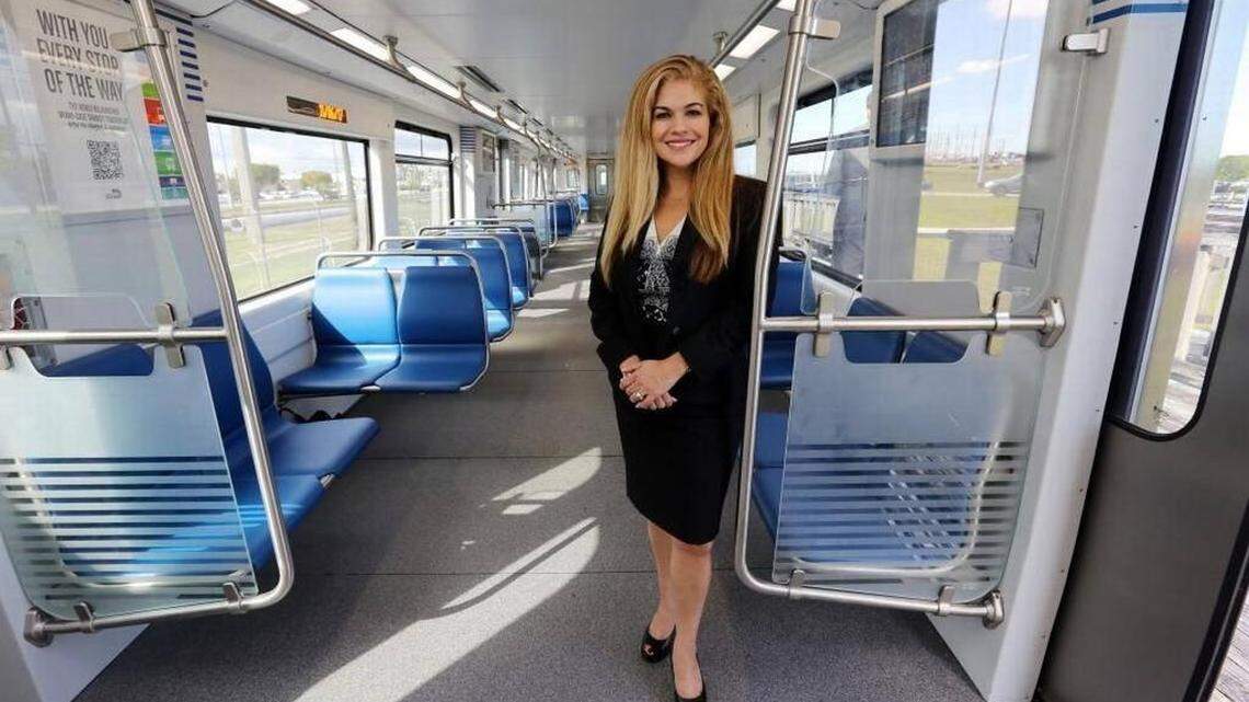 Alice Bravo, Miami-Dade’s outgoing transit director, standing in a new Metrorail car, part of a fleet replacement that reduced the breakdowns and delays that disrupted the rail system in 2017 and 2018. Bravo announced her departure from the county for a private-sector job on Dec. 18, 2020.