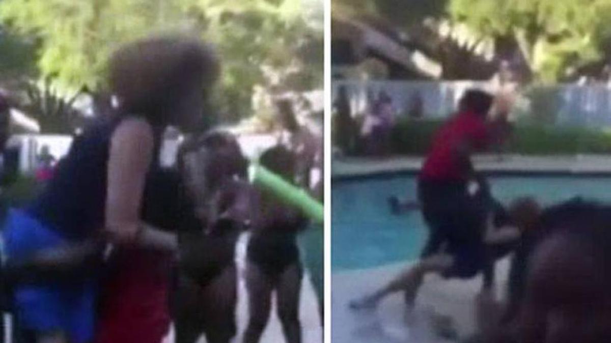 Dos imágenes tomadas de video que muestran el momento en que Leon Balfour Joseph arroja a Nancy James a una piscina en North Lauderdale.