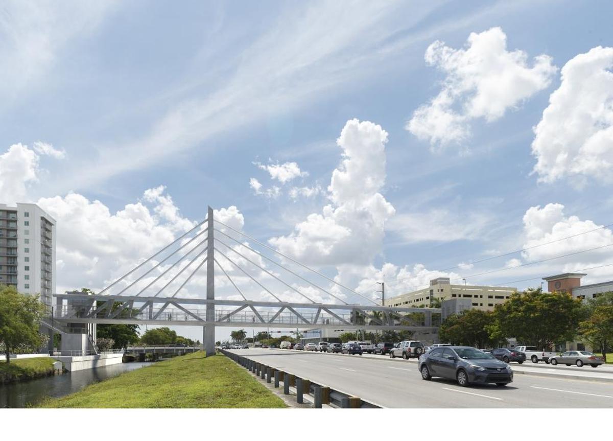 Representación artística del puente peatonal frente a FIU que se desplomó el jueves.