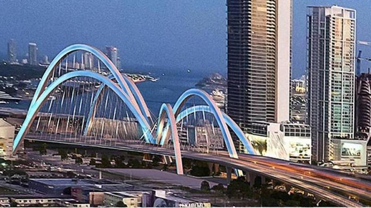 Vista general del boceto del proyectado puente icónico entre la autopista I-395 y el viaducto MacArthur que unen a Miami con Miami Beach al norte del downtown.