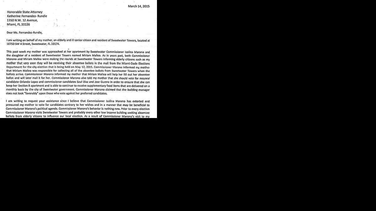Fragmento de la carta enviada a la fiscal estatal Katherine Fernández-Rundle.