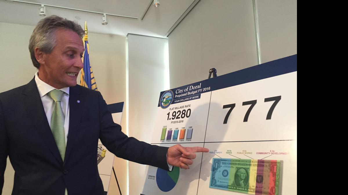 
Luigi Boria, alcalde de Doral, explica el presupuesto para el próximo año fiscal, el jueves 30 de julio. 
