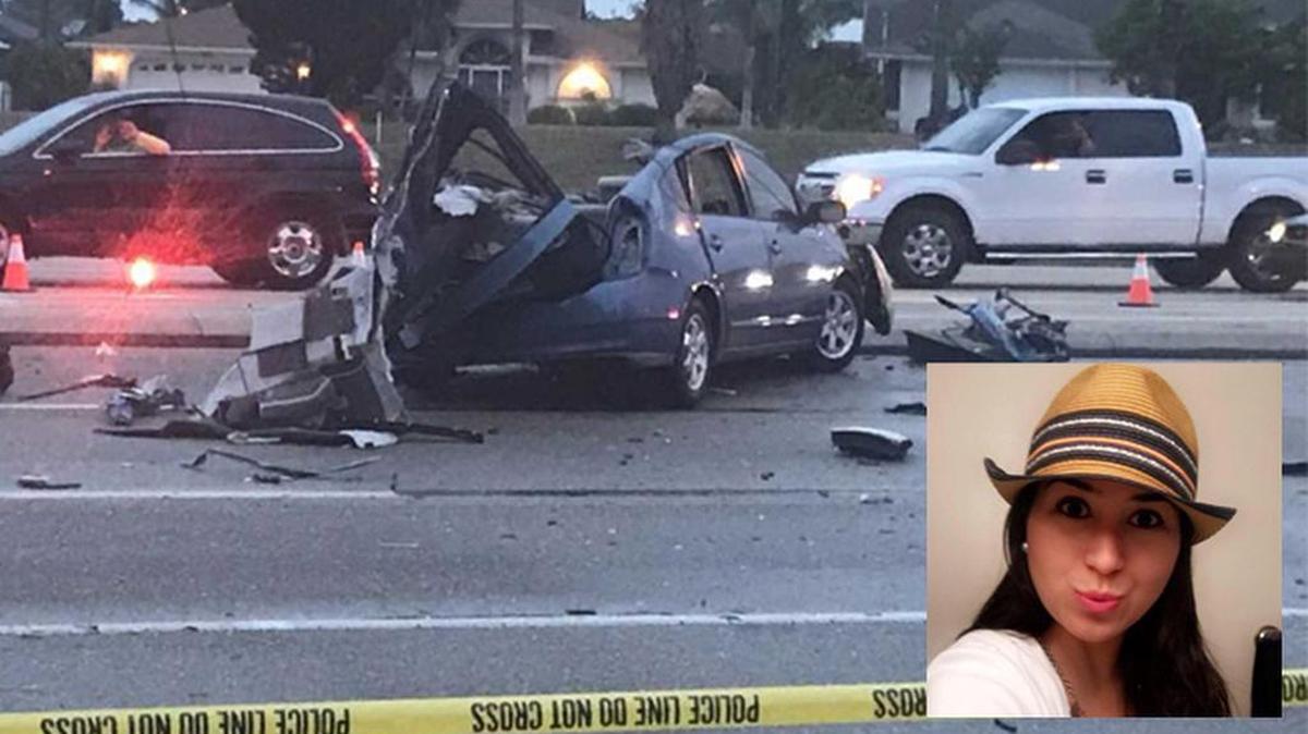 El vehículo de Kennya González Ojeda tras el accidente de tránsito en Cape Coral, Florida.