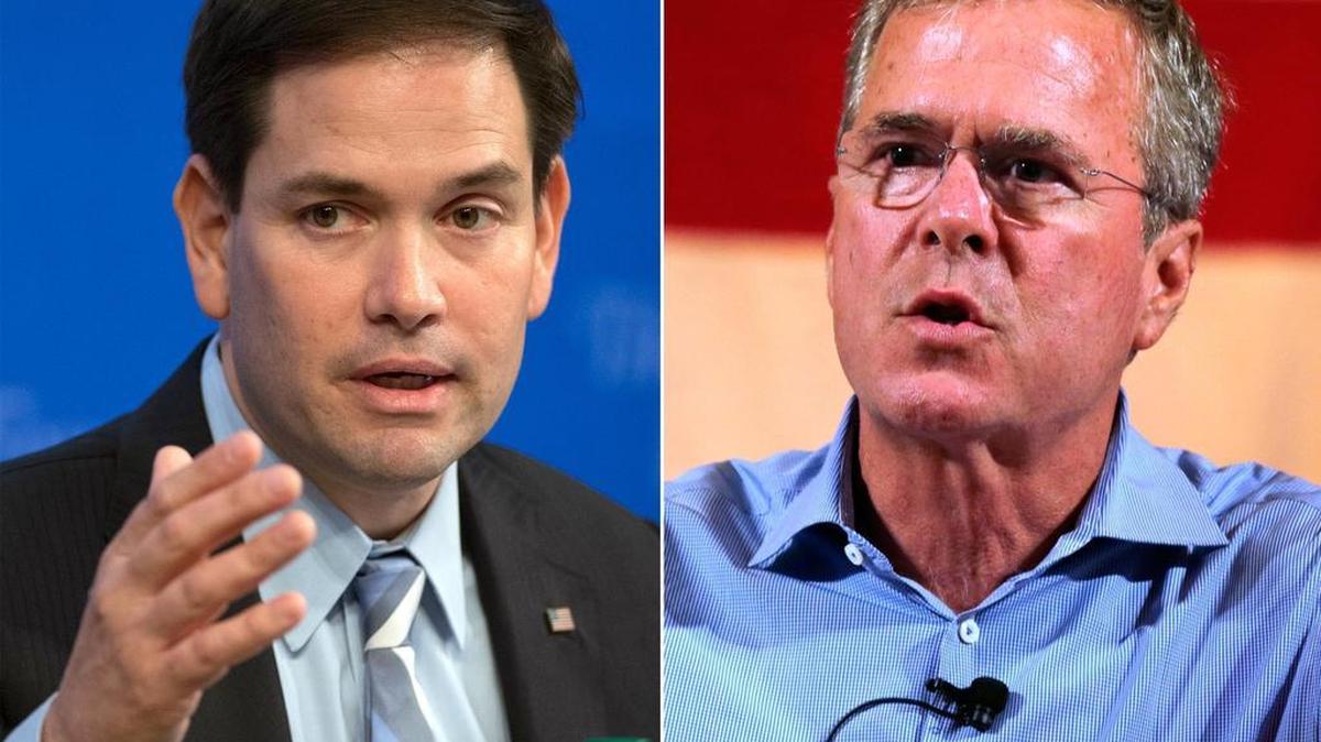 Marco Rubio (I) y Jeb Bush, precandidatos republicanos a la pesidencia.
