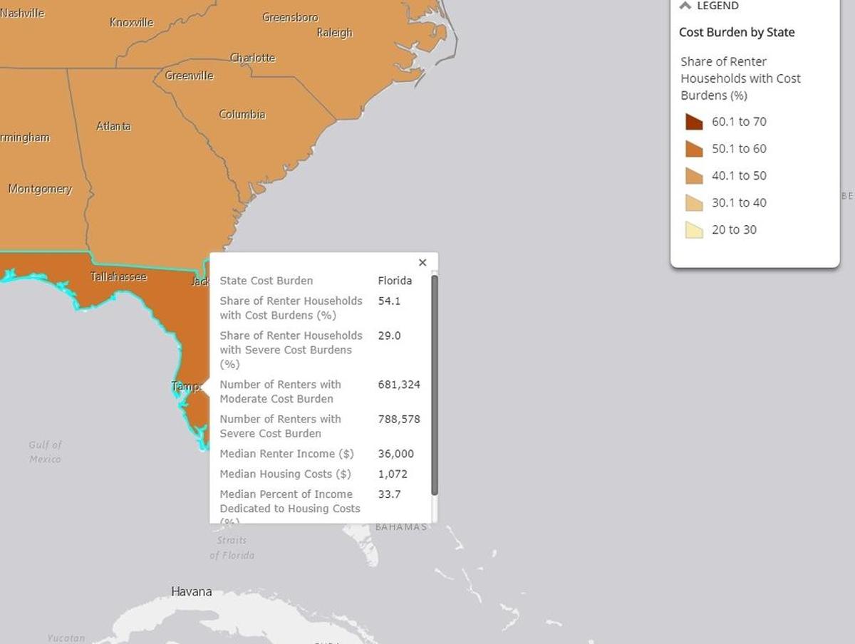 Florida también encabeza el ranking de los estados con el mayor número de inquilinos asfixiados con alquileres costosos (el 54 por ciento).
