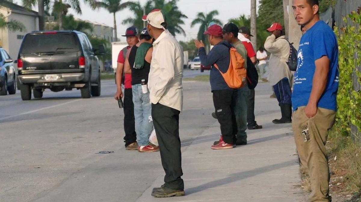 Inmigrantes indocumentados aguardan a inicios de marzo por personas que los contraten por el día en trabajos de construcción o agrícolas, en Homestead.