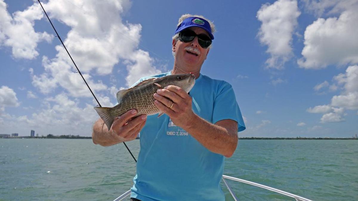 Miami Beach resident, Ben Mostkoff. holds up a Mangrove Snapper that he caught and then released, while out examining the waters of the Tuttle Basin on Friday, April 14, 2017. The urban end of Biscayne Bay is sick. Since 2012, more than half the meadow of sea grass has died. Google Earth images from 2012 that show seagrass covering nearly all the bay between the Julia Tuttle and 79th Street causeways is now bare bottom.