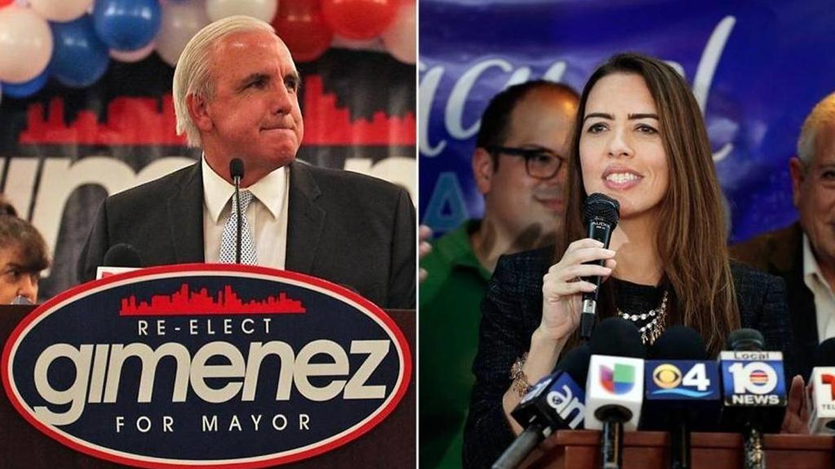 El alcalde de Miami-Dade, Carlos Giménez (izq.) y la candidata Raquel Regalado que aspira a ocupar el cargo de Giménez.