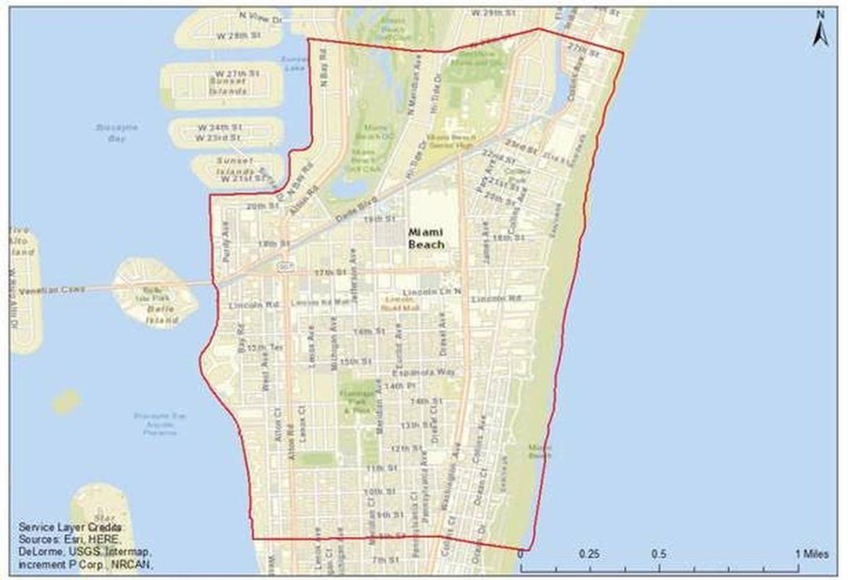 Mapa con el área de South Beach que todavía permanece afectada por mosquitos que transmitían activamente el virus Zika.