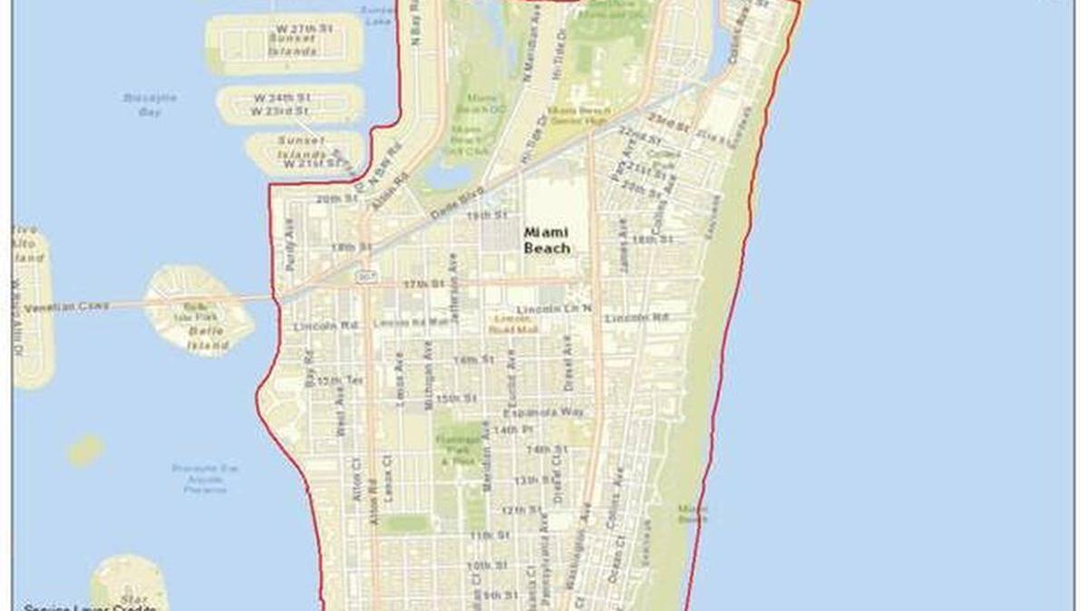 Mapa con el área de South Beach que todavía permanece afectada por mosquitos que transmitían activamente el virus Zika.