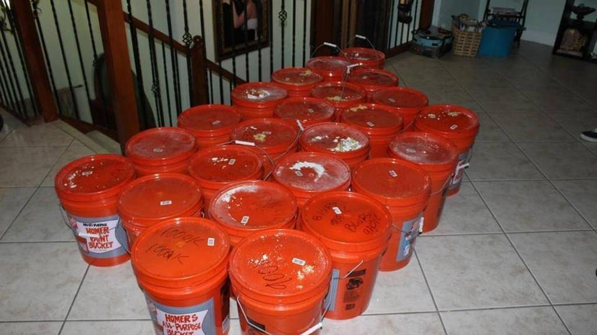 La Policía de Miami-Dade encontró el dinero, que sospecha es de las drogas, casi todo dentro de 24 cubetas color naranja dentro de la casa del acusado en Miami Lakes.