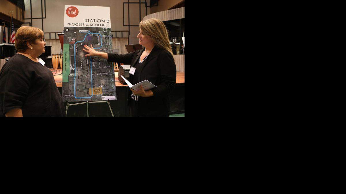 
Tere Garcia (izq.), encargada del trato con el público, intercambia ideas con Silvia Beltre, consultora de proyectos de Stantec, sobre el plan de la extensión de la 836. 
