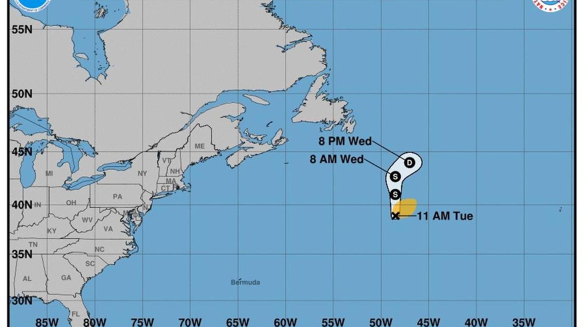 Gráfico cedido el martes 7 de agosto de 2018, por el Centro Nacional de Huracanes de la Florida, donde se muestra la trayectoria de tres días de la tormenta subtropical Debby.