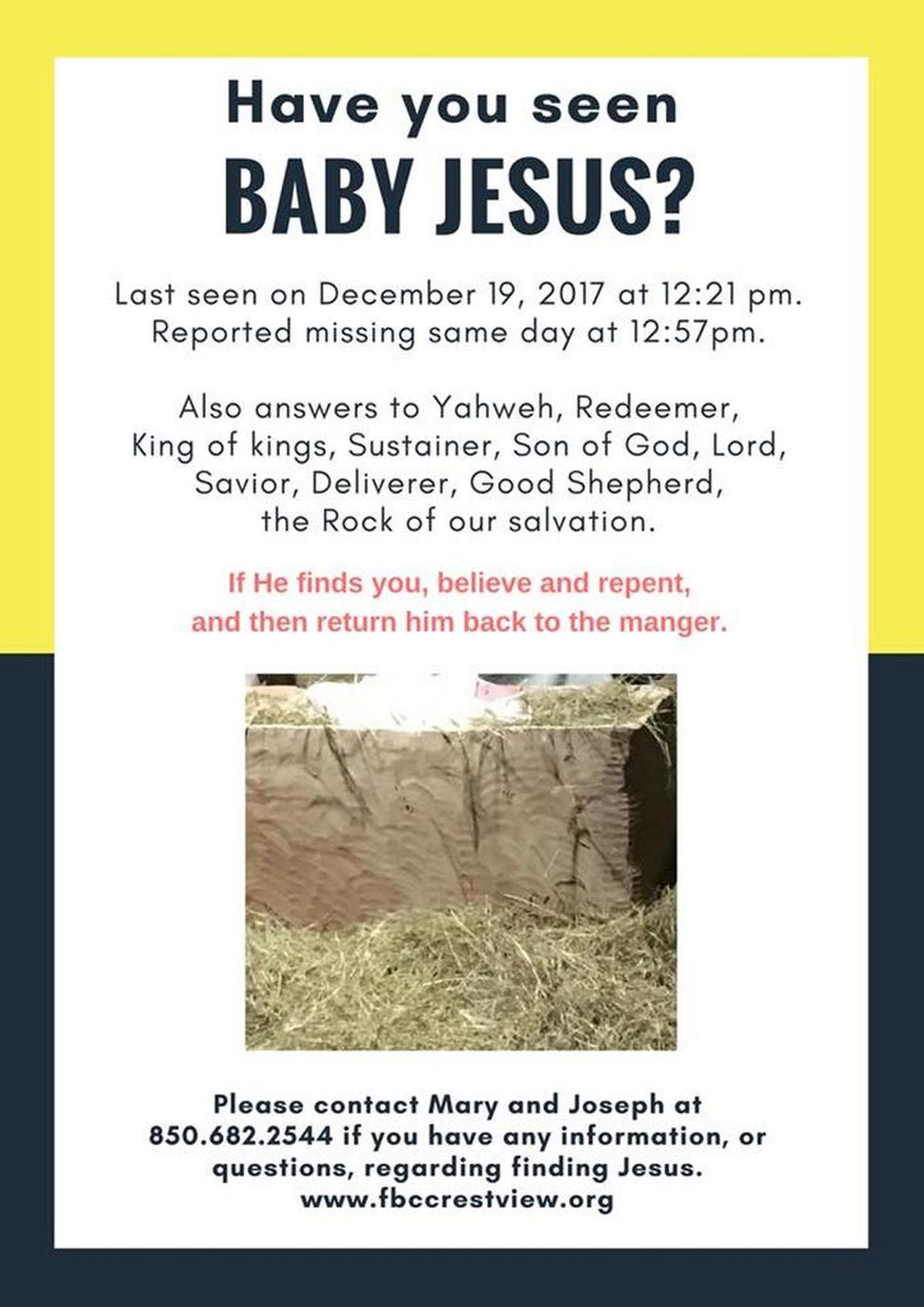 “¿Ha visto al niño Jesús?”. Con este aviso los pastores de la Primera Iglesia Bautista de Crestview buscan al niño Jesús que desapareció de su pesebre desde el martes 19 de diciembre.