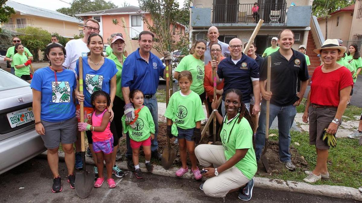 
El Comisionado de la Ciudad de Miami Frank Carollo junto a voluntarios que participaron en la siembra de 100 arboles ornamentales puesto en marcha por la organización Sombra en La Pequeña Habana, el sábado.
