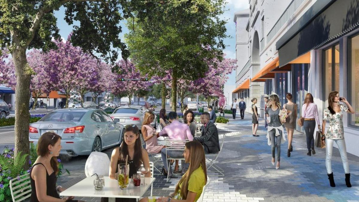 Imagen de cómo luciría la calle Miracle Mile luego del rediseño, con aceras más anchas para acoger cafés al aire libre, y estacionamientos en pararelo.