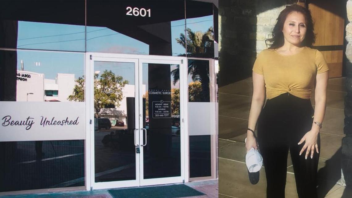 Fachada de la actual sede de CG Cosmetic Surgery (izq.) y una fotografía de CeCe Cervantes antes de la cirugía.