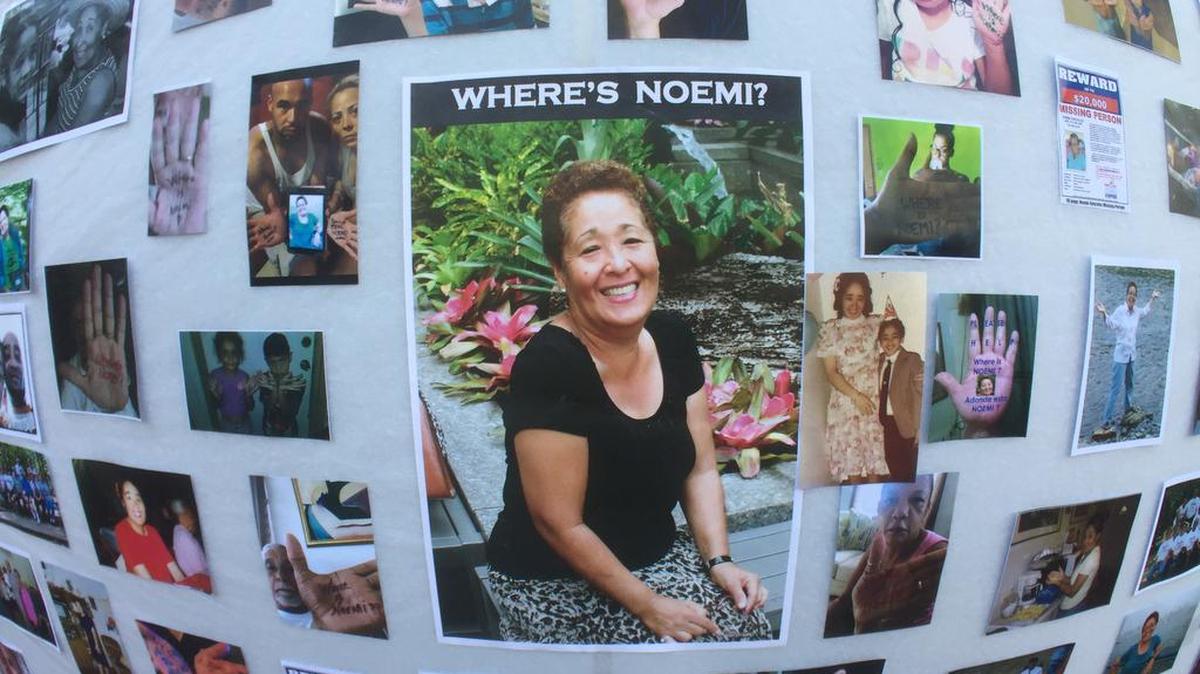 Fotografía de Noemí González rodeado por imágenes de sus familiares pidiendo información de su paradero.