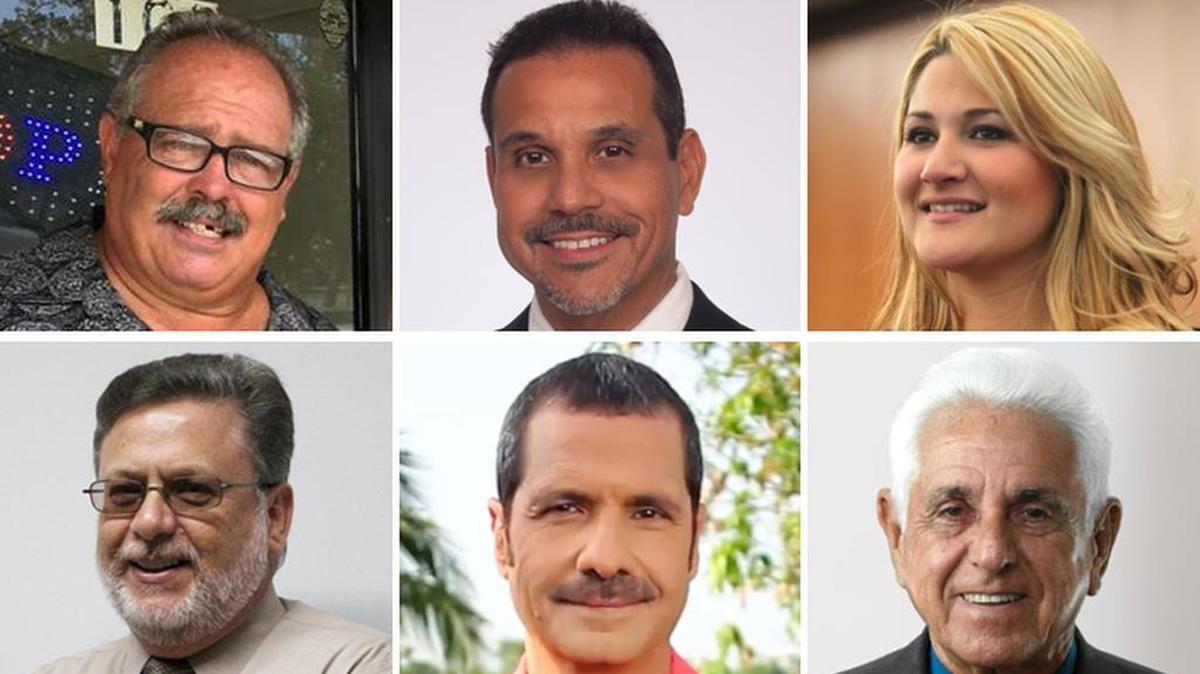 (Arriba de izquierda a derecha) Los candidatos a concejales Juan Carlos Santana, Ernesto Ávila, Katharine Cue Fuentes (abajo de izquierda a derecha) Rafael Gómez, Carl Zogby y Ángel Fajardo.