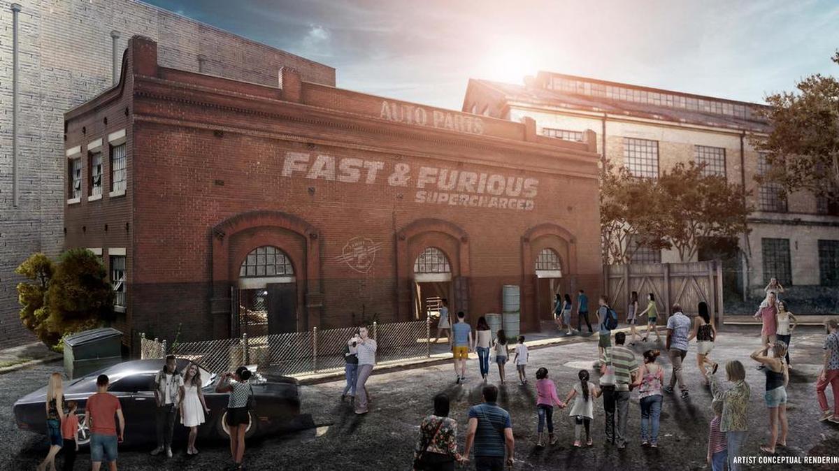 Fotografía cedida de una representación artística conceptual de la atracción "Fast & Furious - Supercharged" que inaugurará en la primavera de 2018 el parque temático Universal Studios de Orlando, en Florida.
