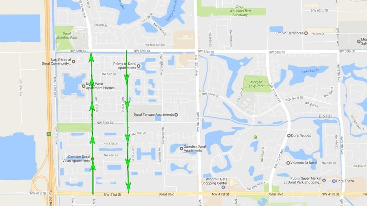 Ilustración de cómo cambiaría el sentido de las avenidas 112 y 114 del noroeste en Doral, de acuerdo a una reciente propuesta.