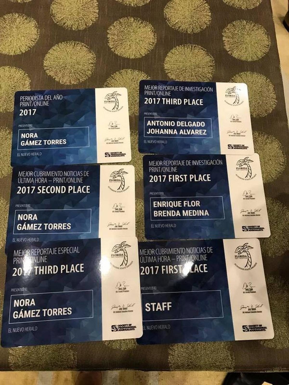 Los premios recibidos por el Nuevo Herald durante los Sunshine State Award 2017.